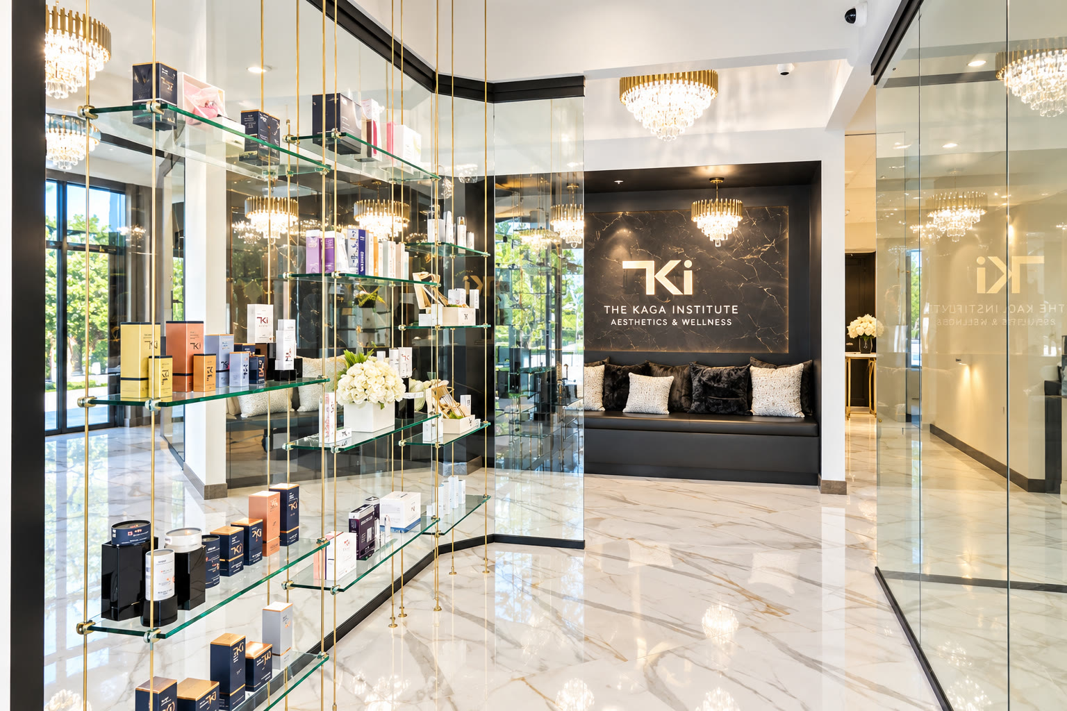 Skincare boutique with glass shelving and a black marble lounge