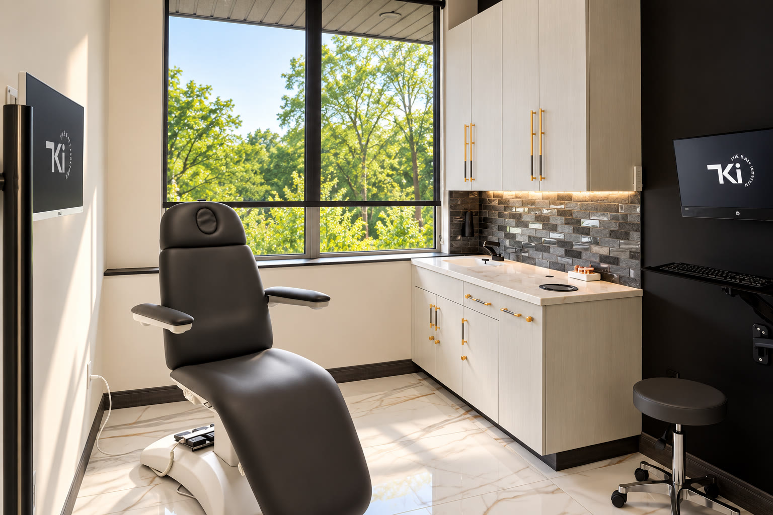 Medical treatment room with a window onto the trees