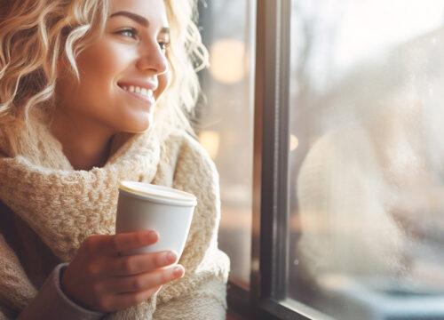 Smiling young blond woman enjoying in her coffee time by the window in cold day.