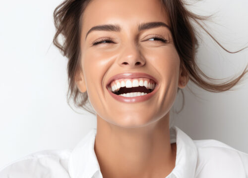 Close up portrait of a happy young woman laughing on a white background