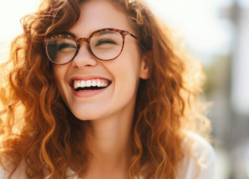 Photo of a happy redheaded woman wearing glasses