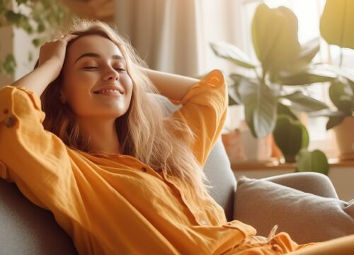 Photo of a woman with great skin sitting on her couch with sunlight pouring in from the windows